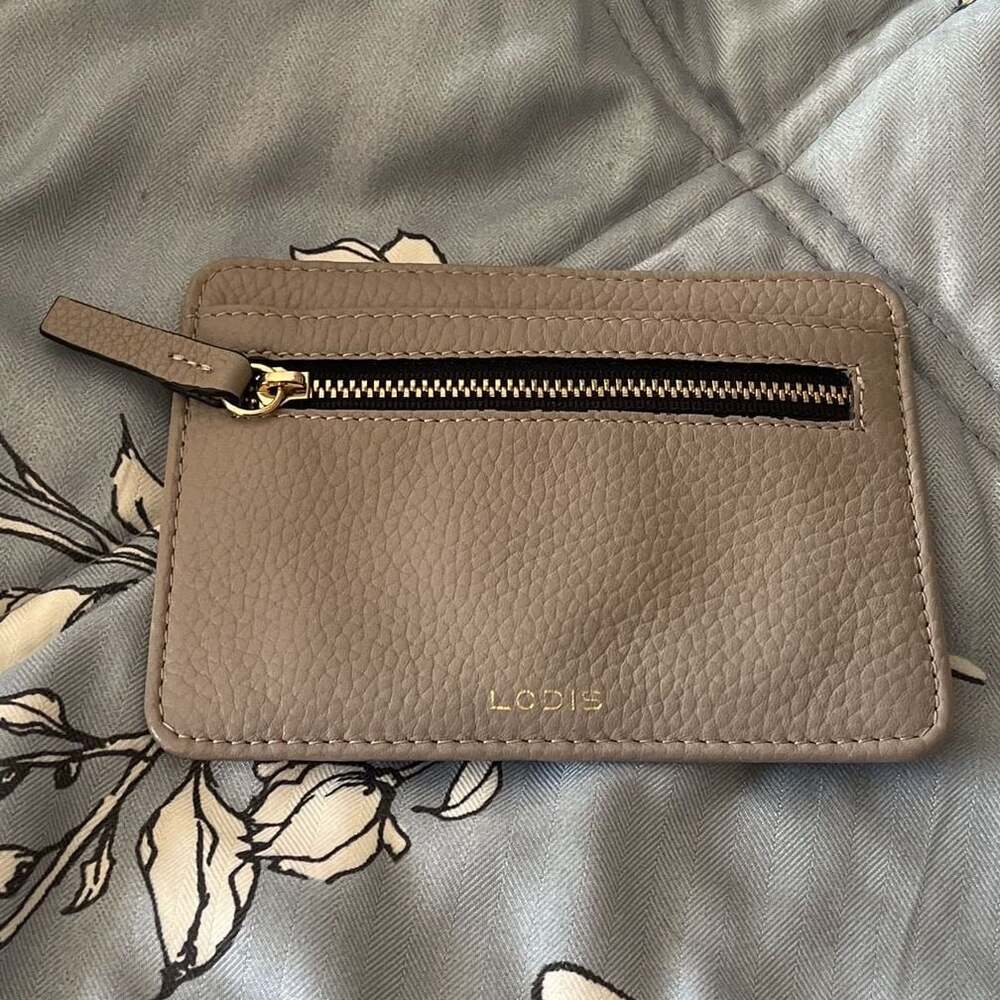 LODIS Taupe Pebbled Leather Card Case Wallet with Zippered Pocket